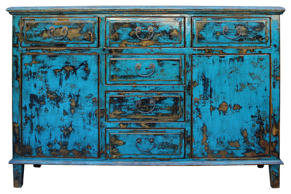 Oriental Distressed Rustic Blue Credenza Sideboard Buffet Table