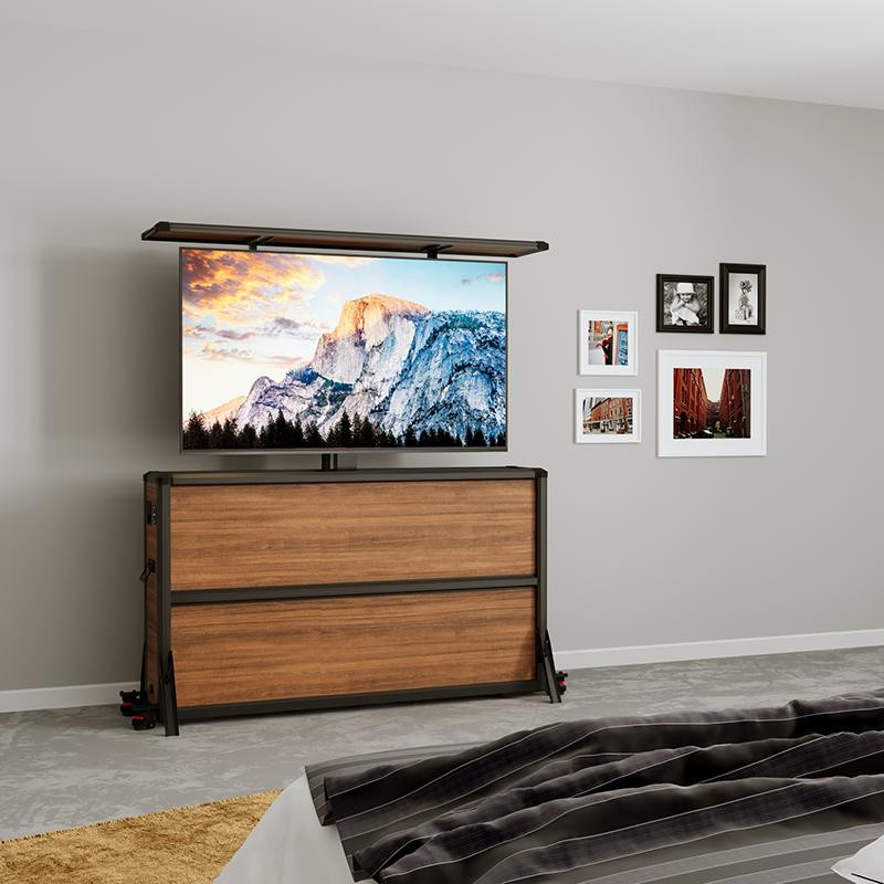 Front View of Aluminum & Wood TV Lift Cabinet in Bedroom