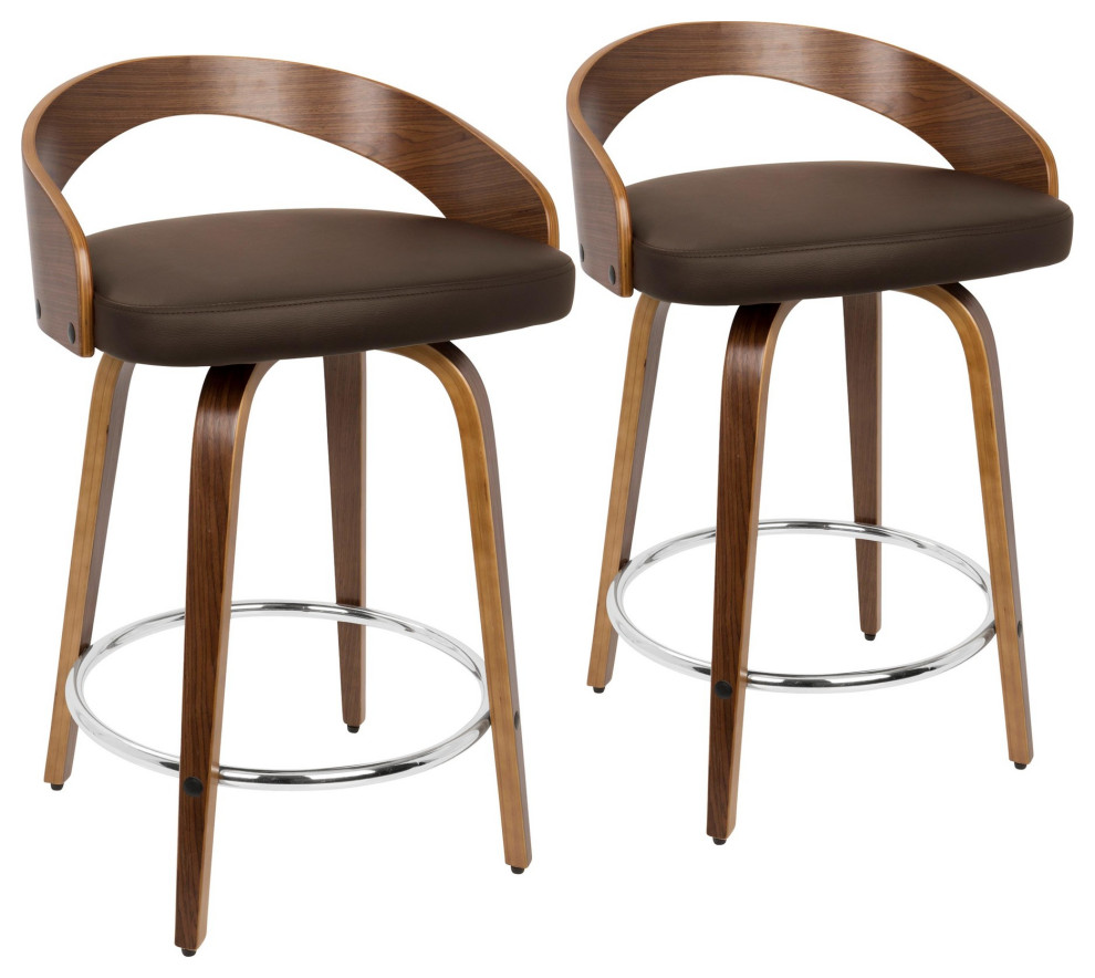 Grotto Counter Stool, Set of 2, Walnut Wood/Brown PU/Chrome