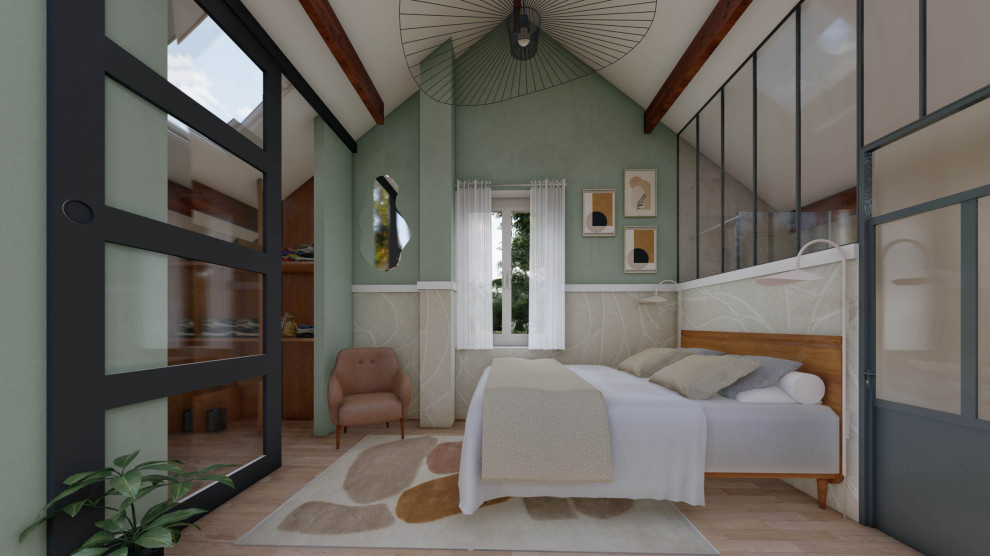 Kleines Modernes Schlafzimmer ohne Kamin, im Loft-Style mit grüner Wandfarbe, Linoleum, beigem Boden und freigelegten Dachbalken in Paris