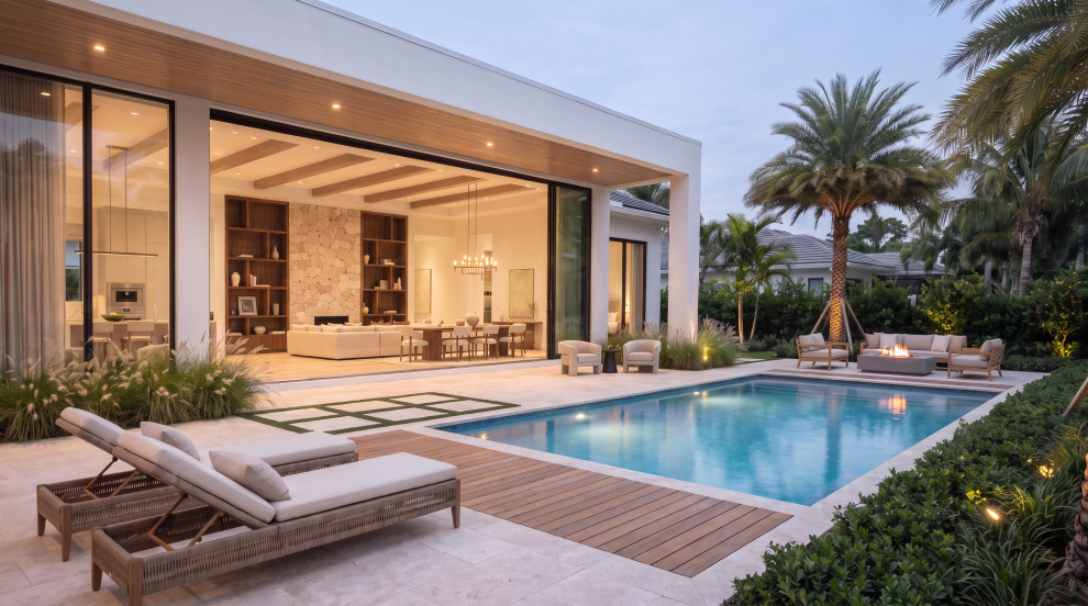 Inspiration for a large modern backyard concrete paver and rectangular pool landscaping remodel in Miami