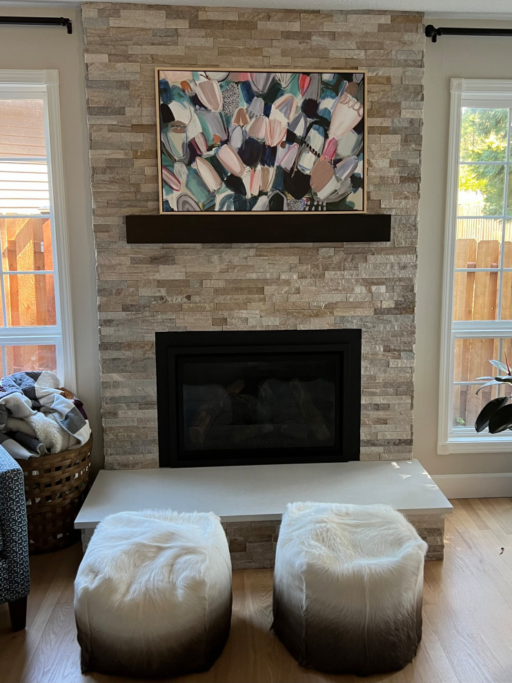 How to hang art on a stacked stone fireplace (no grout lines)?
