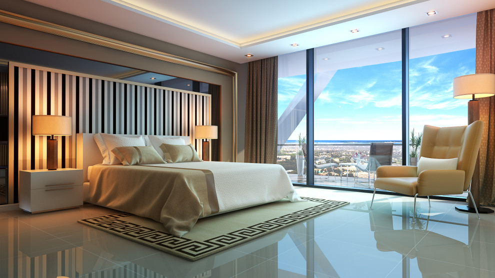 Design ideas for an expansive modern master bedroom in Other with marble floors.