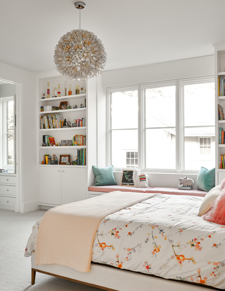 Inspiration for a mid-sized transitional kids' room for girls in Dallas with white walls, carpet and grey floor.