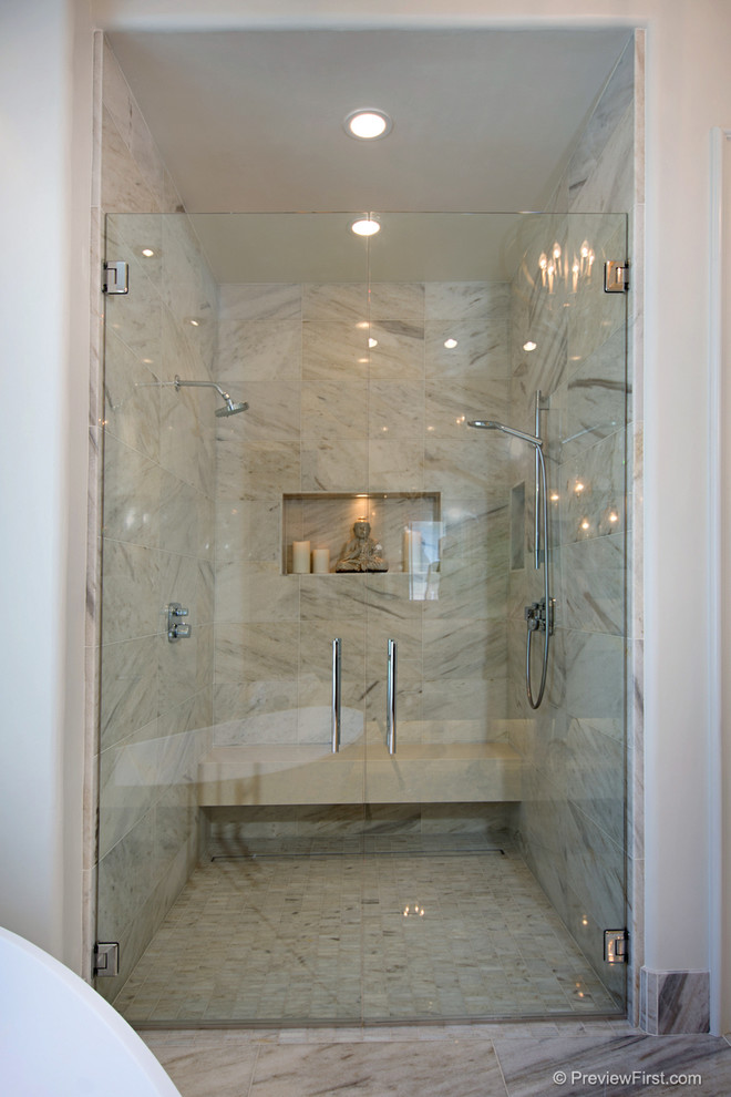 Large contemporary master bathroom in San Diego with medium wood cabinets, a freestanding tub, a curbless shower, white tile, white walls, marble floors, flat-panel cabinets, a two-piece toilet, porcelain tile, an undermount sink, engineered quartz benchtops, grey floor and a hinged shower door.