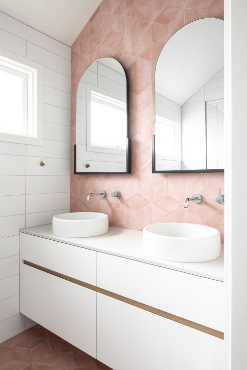 Small Pink Bathroom Ideas with White Vanity and Vessel Sinks