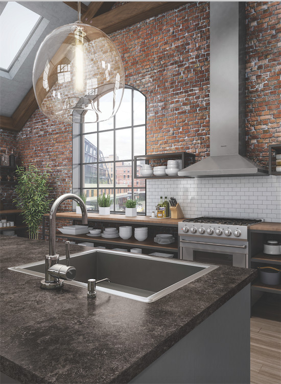 Inspiration for a large industrial u-shaped open plan kitchen in Atlanta with a drop-in sink, open cabinets, dark wood cabinets, laminate benchtops, white splashback, subway tile splashback, stainless steel appliances, light hardwood floors and with island.