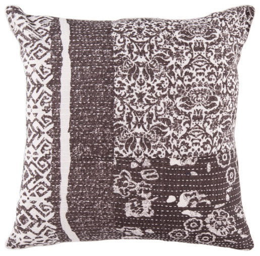 22-Inch Square Charcoal Gray and Papyrus Floral Cotton Pillow Cover with Poly In