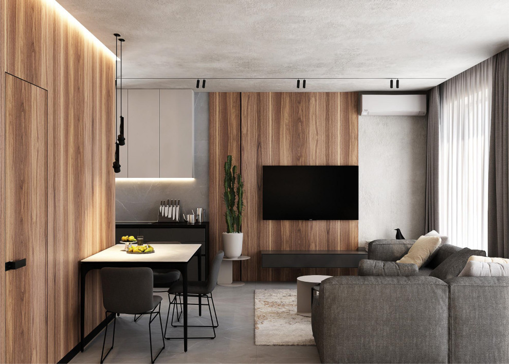 Idee per un piccolo soggiorno minimalista aperto con pareti grigie, pavimento con piastrelle in ceramica, TV a parete e pavimento grigio