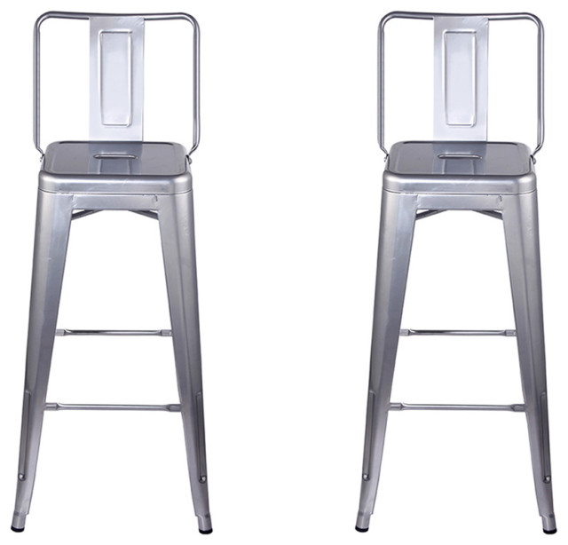 Metal Silver Bar Stools With Middle Back, Set of 2 Industrial Bar
