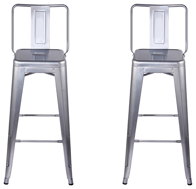 Metal Silver Bar Stools With Middle Back, Set of 2 Industrial Bar