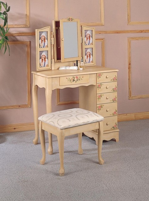 Cottage Style Vanity with Hand Painting & Stool with Fabric Seat