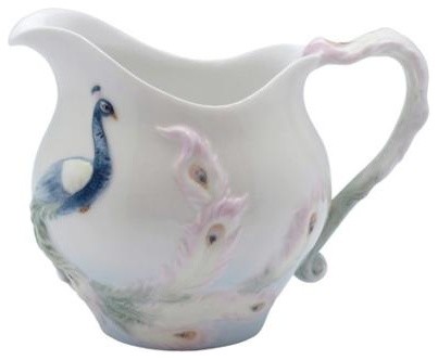 4.25 Inch White Porcelain Creamer Blue Peacock Pink Feather Motif