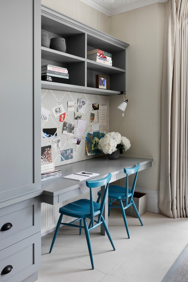 Design ideas for a transitional study room in London with beige walls and a built-in desk.