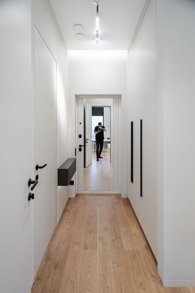 Photo of a medium sized contemporary front door in Moscow with grey walls, dark hardwood flooring, brown floors and feature lighting.