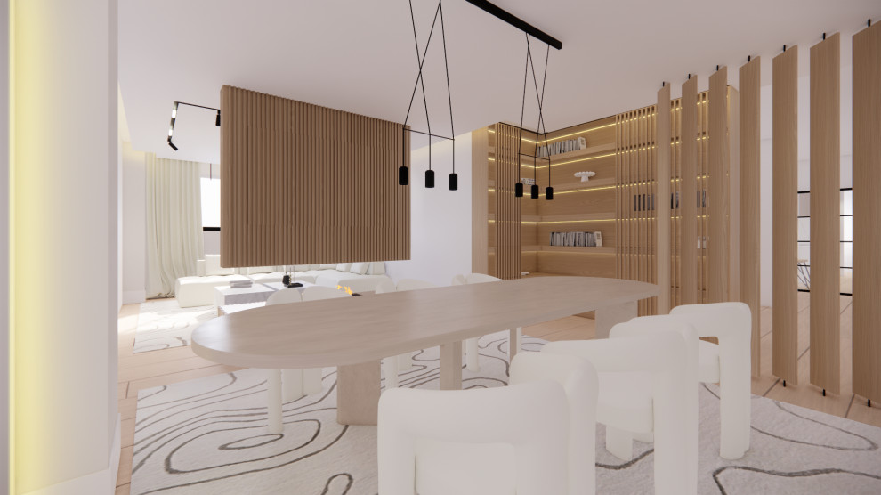 Ejemplo de comedor actual abierto con suelo de madera en tonos medios, chimenea de doble cara, panelado y alfombra