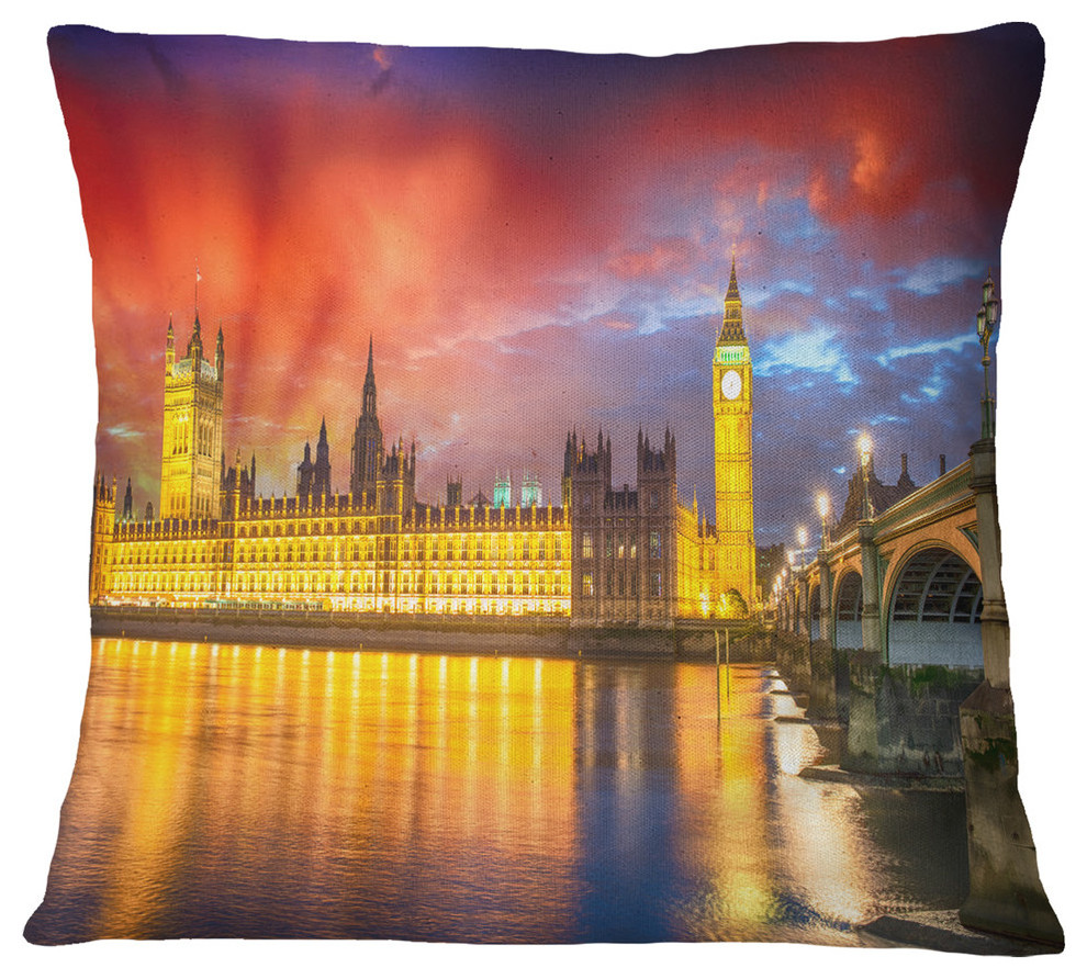 Sunset View of London Skyline Cityscape Photo Throw Pillow, 18"x18"