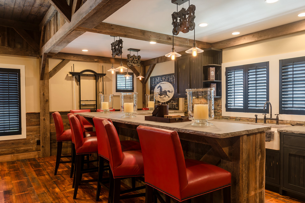 Inspiration for a mid-sized country u-shaped seated home bar in New York with recessed-panel cabinets, distressed cabinets, granite benchtops, stone tile splashback and dark hardwood floors.