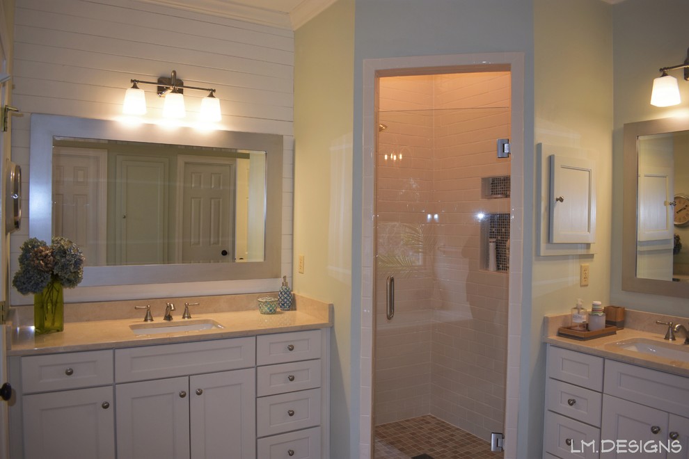 Alcove bathtub - mid-sized transitional master white tile and subway tile beige floor and ceramic tile alcove bathtub idea with recessed-panel cabinets, white cabinets, green walls, an undermount sink, a hinged shower door, marble countertops and beige countertops