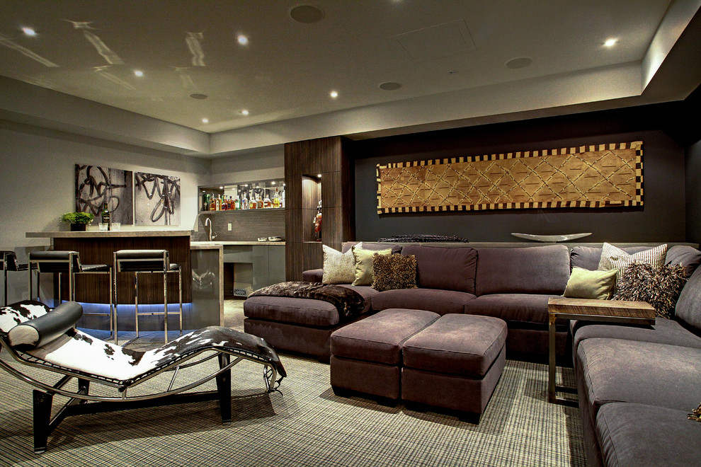 Inspiration for a contemporary home theatre in Toronto with black walls.