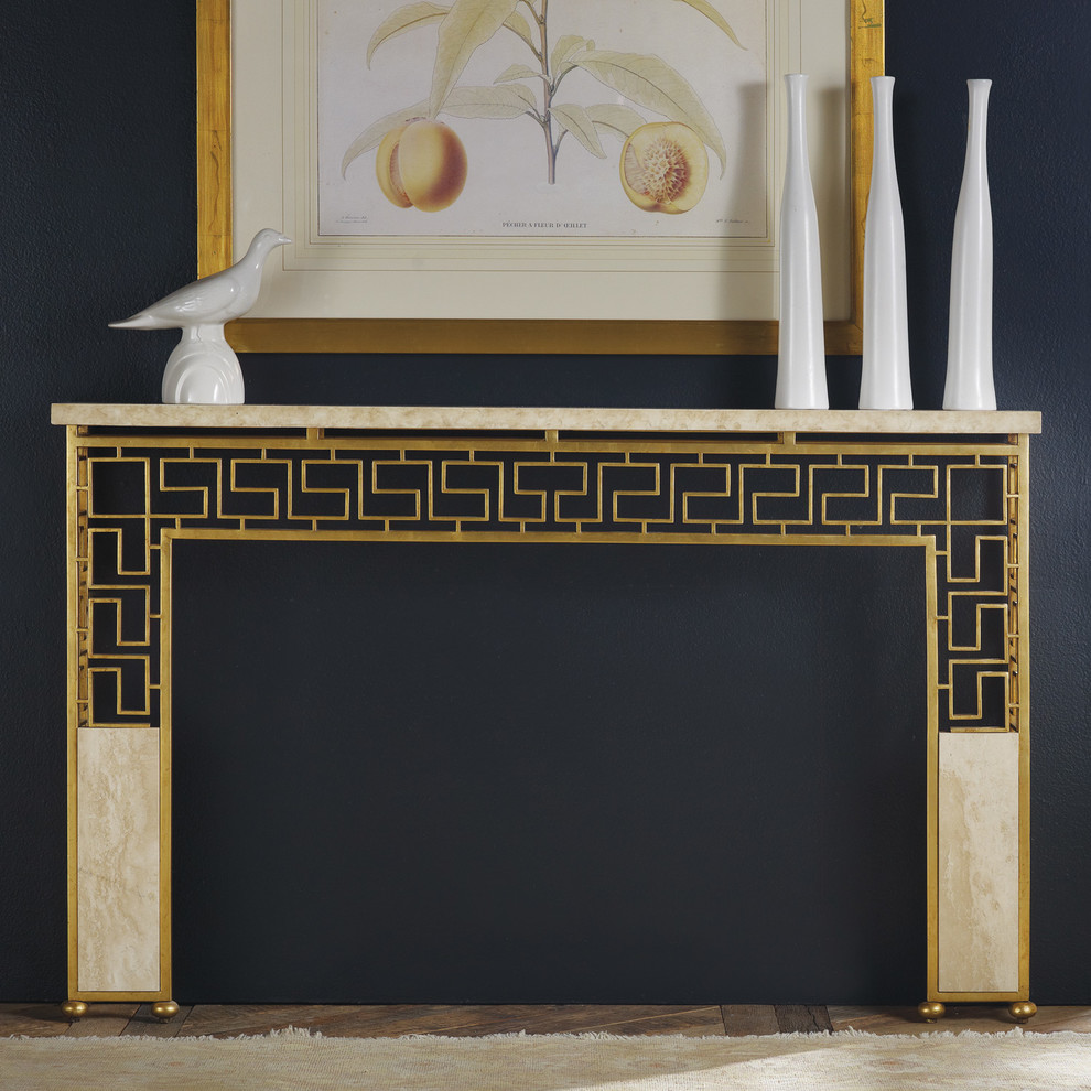 Modern History Home Travertine & Gold Leaf Console Table