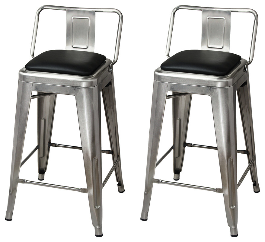 Metal Gunmetal Bar Stools With Lowback Black Vegan Leather Seat, Set of
