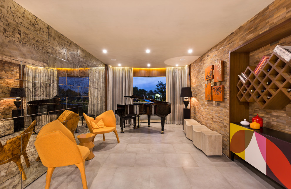 Contemporary family room in Bengaluru with a music area and no fireplace.