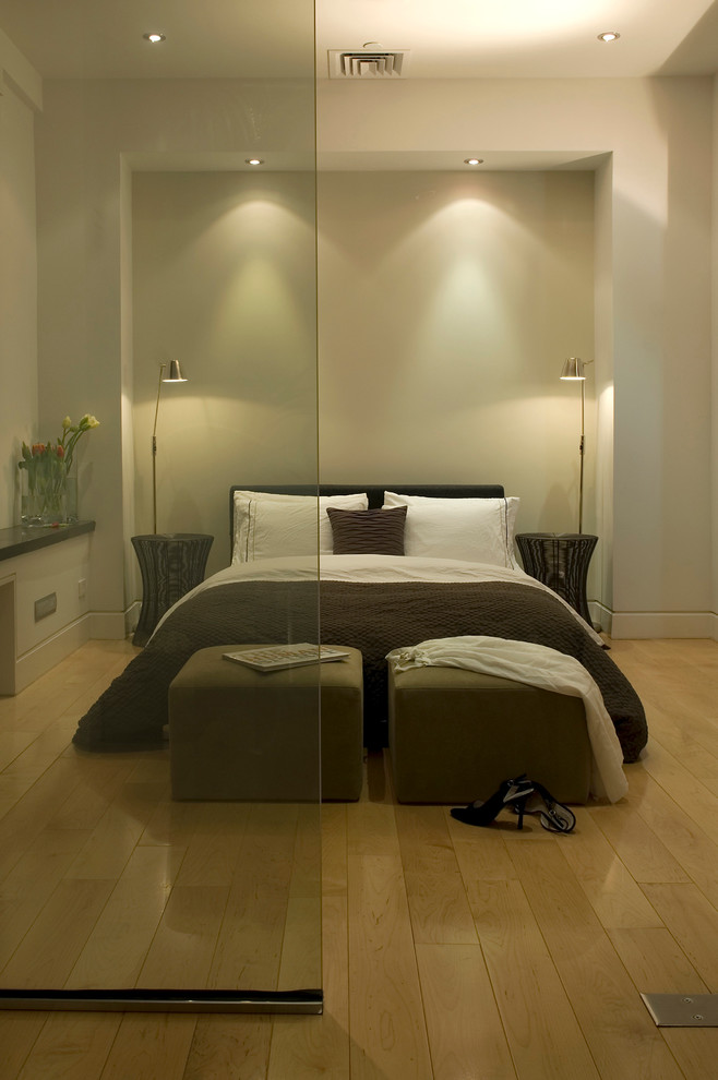 Photo of a modern bedroom in San Francisco with light hardwood floors.