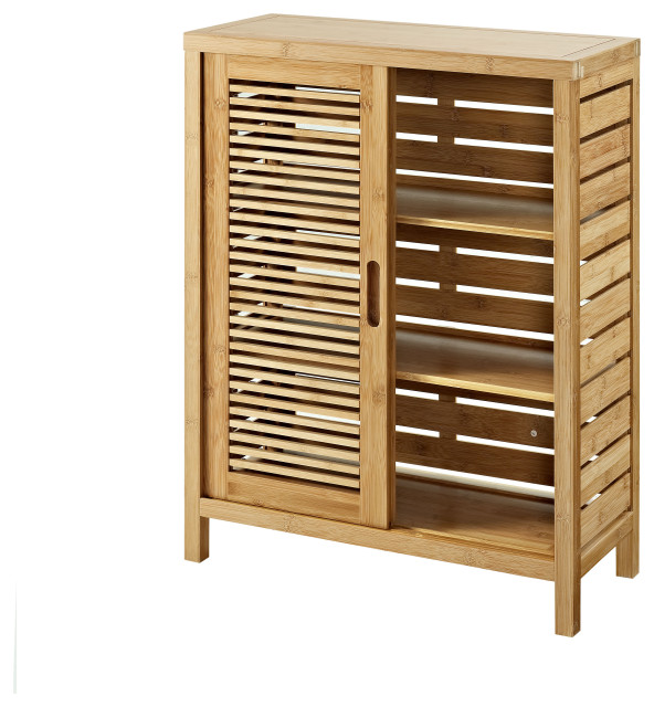 Benzara Slated Bamboo Floor Cabinet with 2 Sliding Doors and 3 Shelves ...