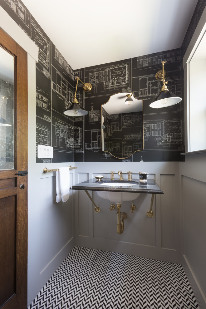 Design ideas for a small transitional powder room in San Francisco with marble benchtops, grey walls, mosaic tile floors, black tile, white tile, black and white tile and an undermount sink.