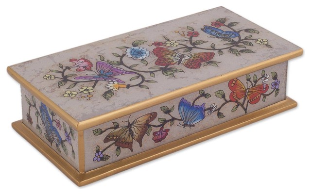 Novica Butterfly Jubilee, Bone Reverse-Painted Glass Decorative Box