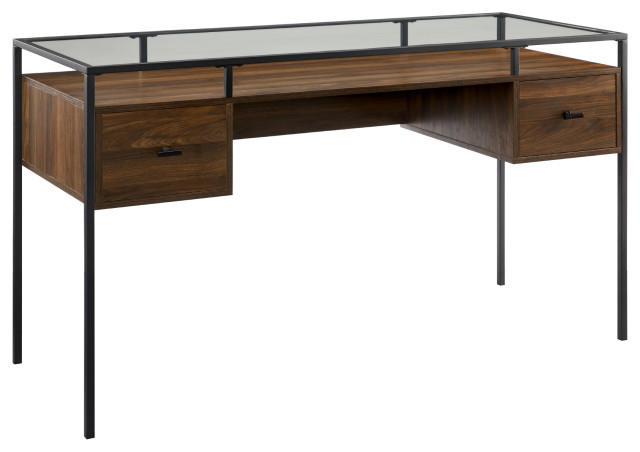 56" 2 Drawer Glass Top Desk, Dark Walnut - Industrial - Desks And ...