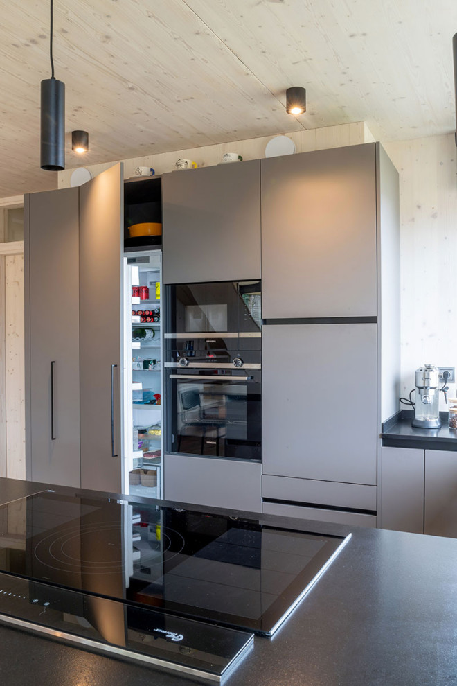 Offene Moderne Küche in U-Form mit flächenbündigen Schrankfronten, grauen Schränken, braunem Holzboden, Halbinsel und braunem Boden in Sonstige