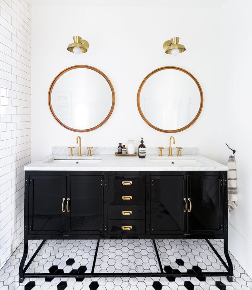 Inspiration for a mid-sized contemporary master bathroom in Seattle with recessed-panel cabinets, black cabinets, white tile, subway tile, white walls, marble floors, an undermount sink, marble benchtops and multi-coloured floor.