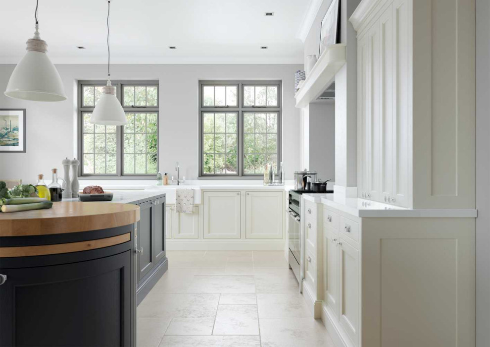Inspiration for a large transitional l-shaped open plan kitchen in Other with a farmhouse sink, beaded inset cabinets, blue cabinets, quartzite benchtops, white splashback, coloured appliances, ceramic floors, with island, beige floor and white benchtop.