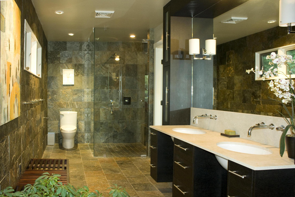 Design ideas for a contemporary bathroom in Burlington with slate.