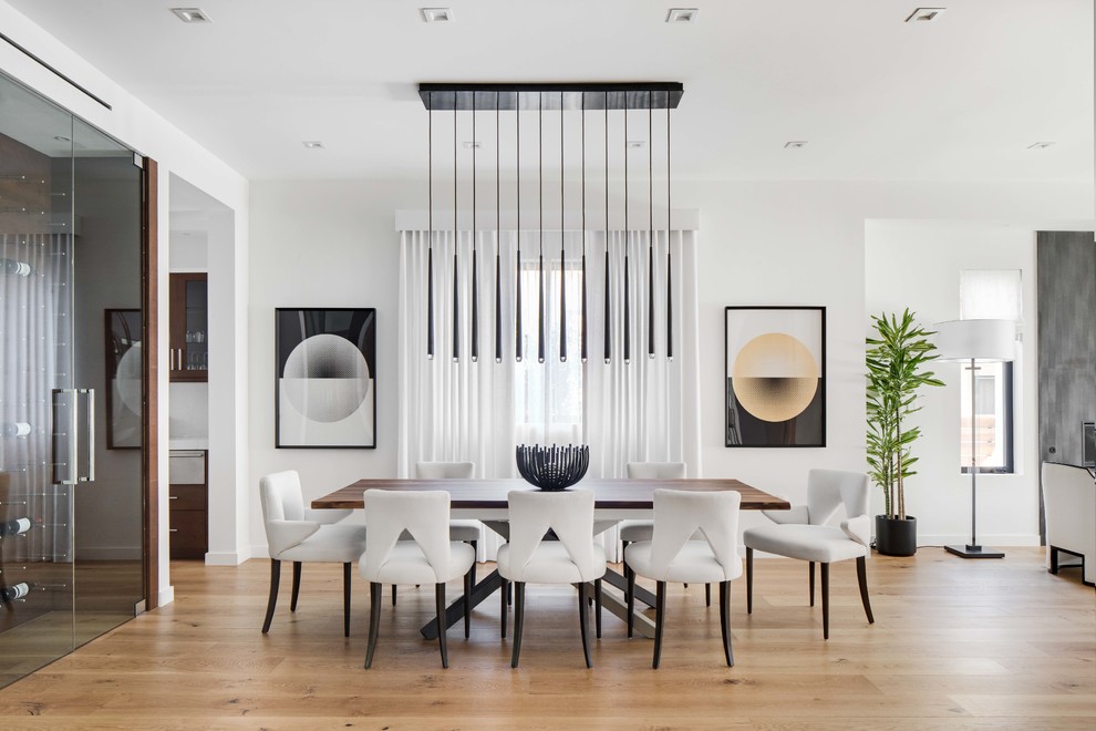Photo of a contemporary dining room in Los Angeles with white walls, medium hardwood floors and brown floor.