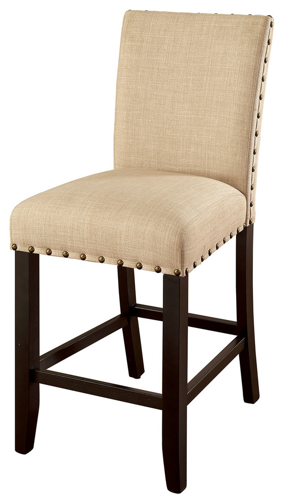 Fabric Upholstered Wooden Counter Height Chair, Pack of Two, Beige and