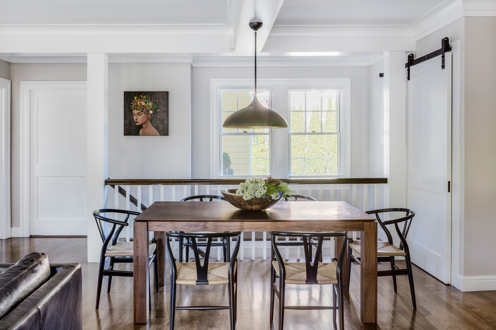 Design ideas for a large transitional open plan dining in Boston with medium hardwood floors and brown floor.