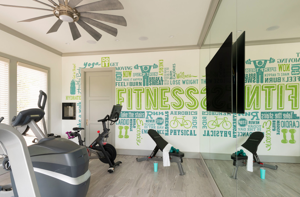 Design ideas for a mid-sized transitional multipurpose gym in Dallas with white walls, linoleum floors and grey floor.