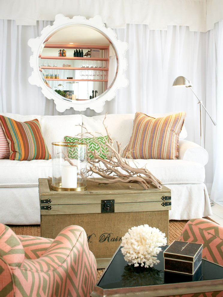 Inspiration for a large beach style open concept living room in Boston with no fireplace and white walls.