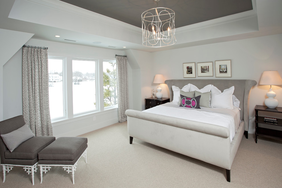 This is an example of a transitional bedroom in Minneapolis with white walls, carpet and no fireplace.