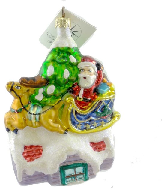 Christopher Radko Up On The Roof Top Glass Ornament Santa Reindeer