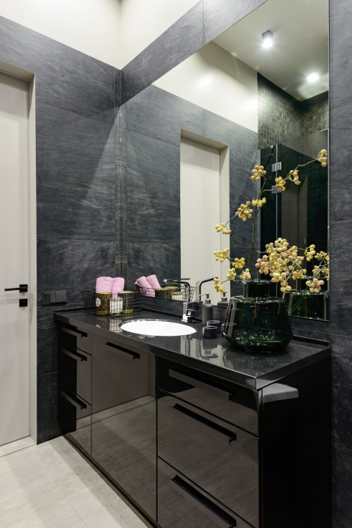 Contemporary Contrast: Glossy Cabinets and Matte Tiles in Vanity Ideas
