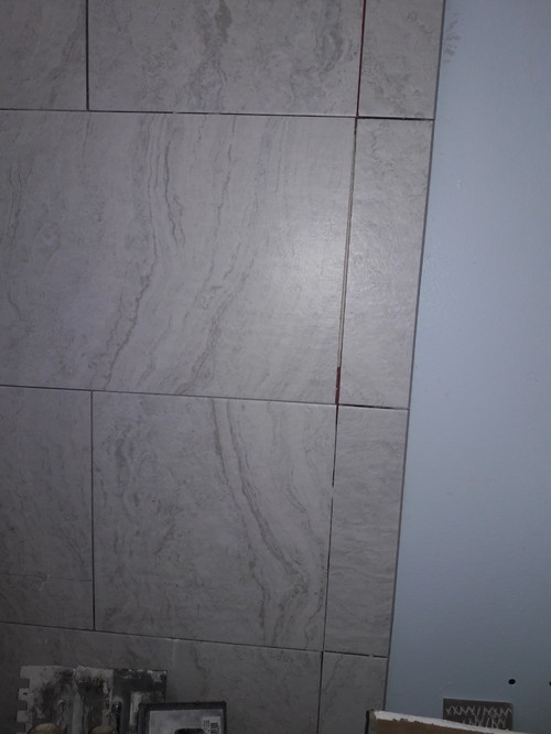 Shower tile grout lines crooked and lack of mortar/thinset