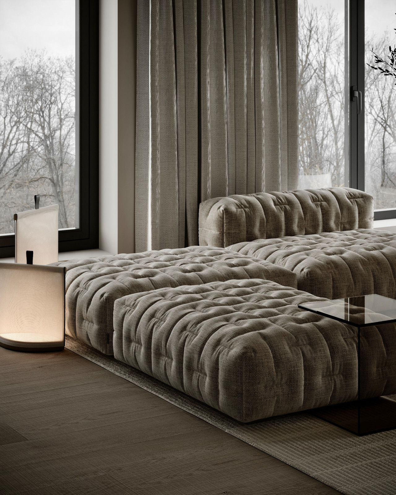 Концепт гостиной для двухкомнатной квартиры в Подмосковье