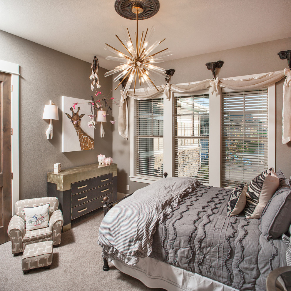 Eclectic kids' bedroom in Denver with grey walls, carpet and grey floor for kids 4-10 years old and girls.
