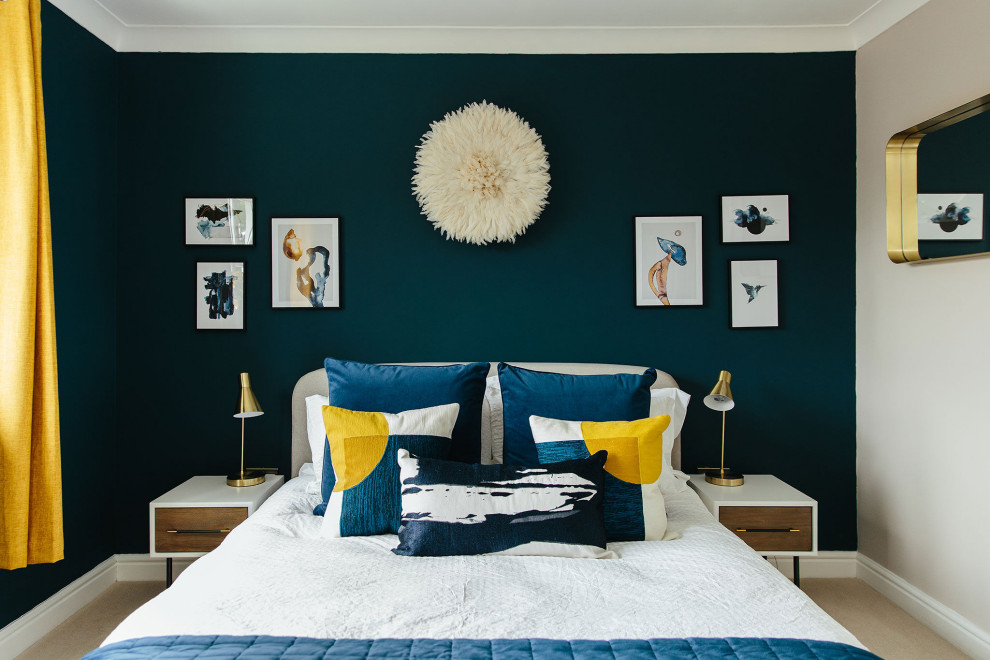 Mid-sized transitional guest bedroom photo in London with blue walls