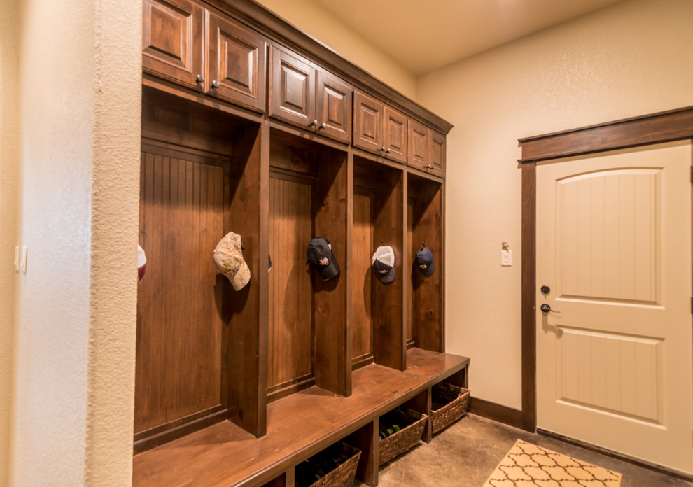 Small mudroom in Austin with beige walls, ceramic floors, a single front door and a white front door.