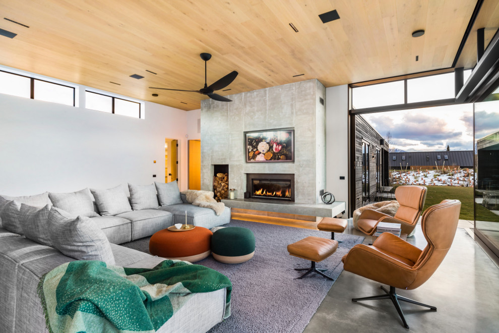 This is an example of an expansive modern open concept living room in Other with white walls, concrete floors, a standard fireplace, grey floor and wood.